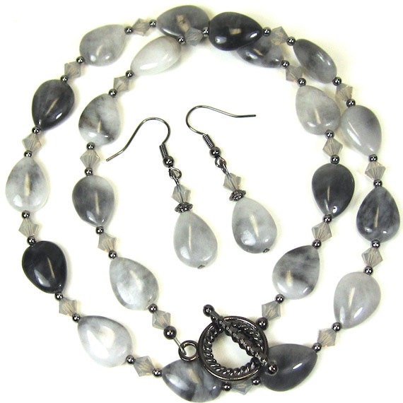 Black Moss Agate Necklace Earring Lt Gray Opal Swarovski Crystals Gunmetal