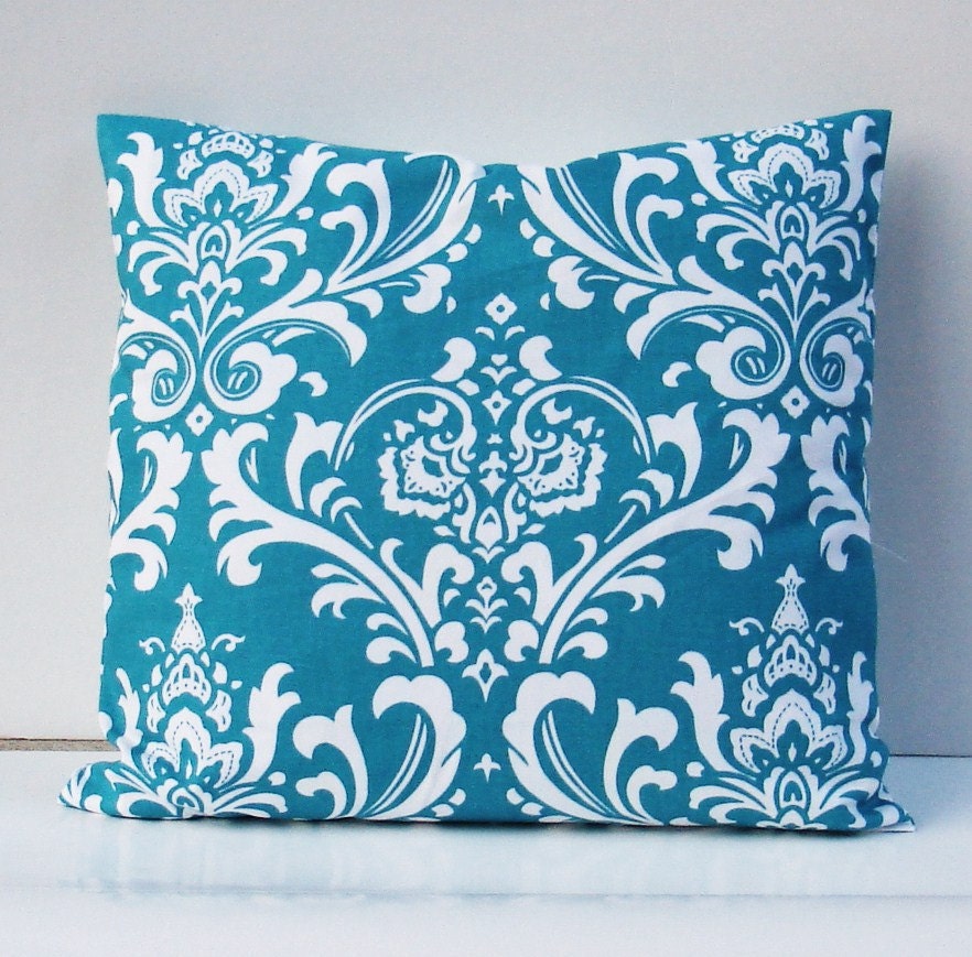 set of 2 Turquoise Blue Damask  Pillow Covers- 17 x 17  Blue and white