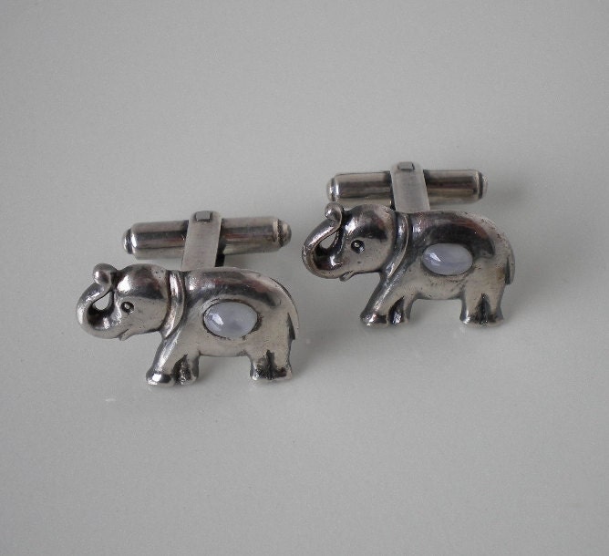 Vintage Elephant Cufflinks Silver Moonstone 1960's