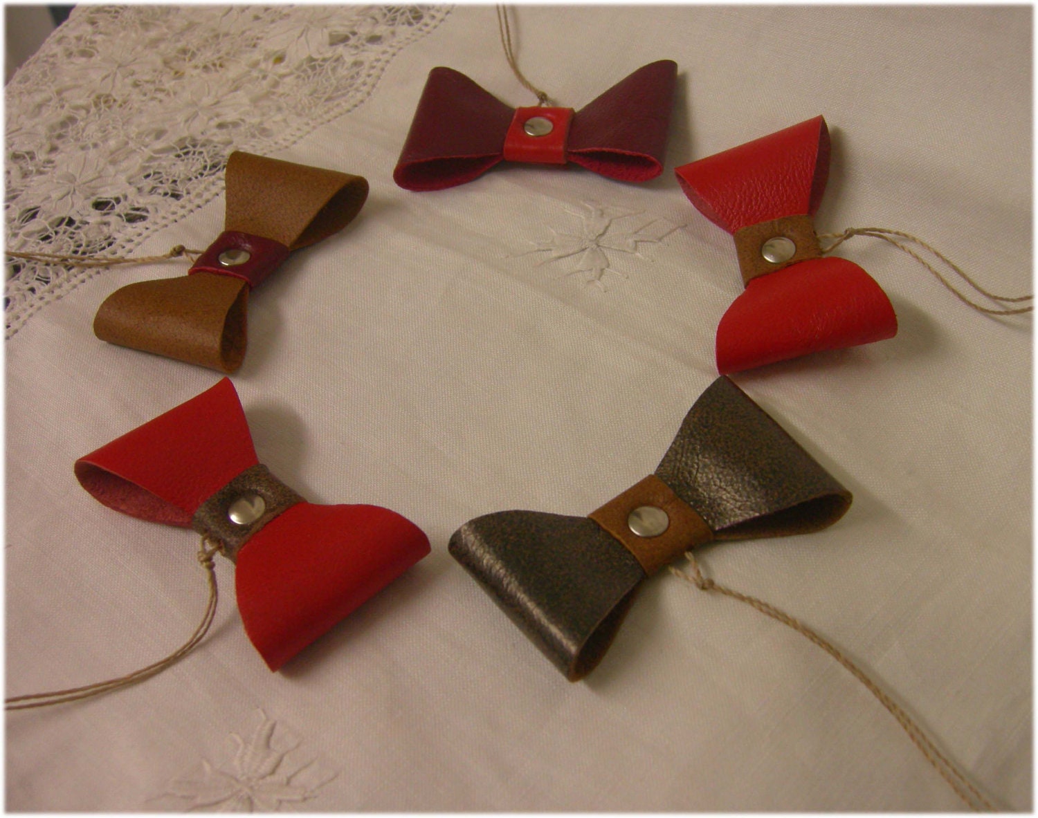 Christmas Sale Tree Decorations Holiday Ornaments Christmas Deccor BOW Handmade Leather Ornaments Set of 5 SALE
