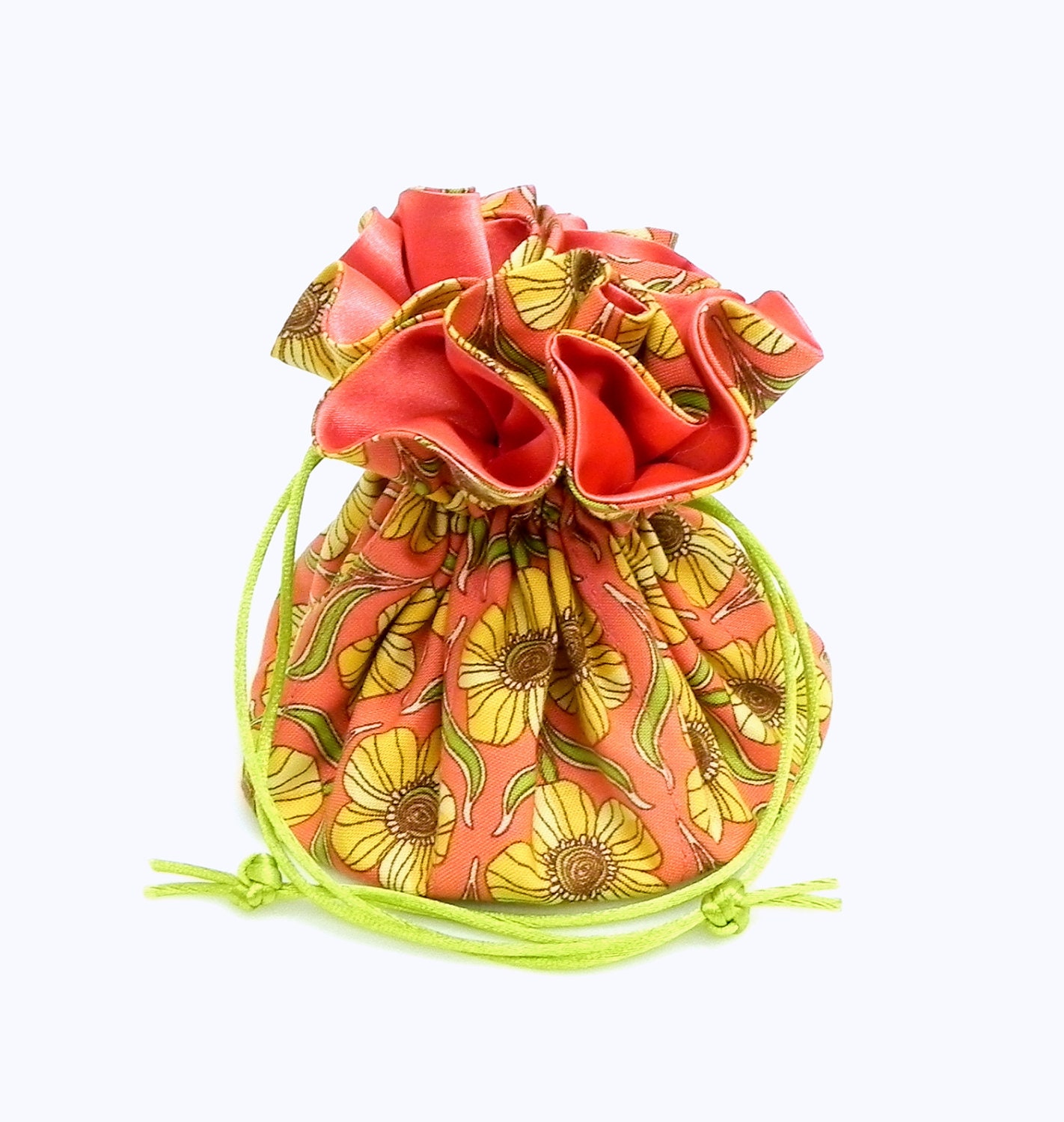 Drawstring Jewelry Pouch - Coral, yellow and green floral travel bag - GaranceCouture