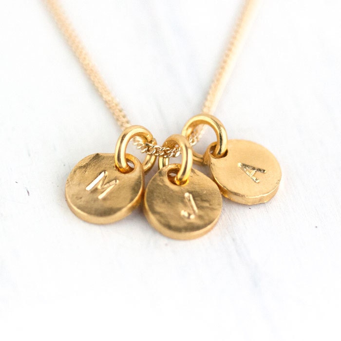 Gold Monogram Necklace / Three Hand Stamped Initials / Personalized Mommy Necklace