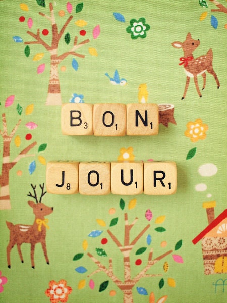 Bonjour. Art Print. Fine Art Photography. Scrabble Blocks. Home Décor. Green Forest. French Words. Size A4