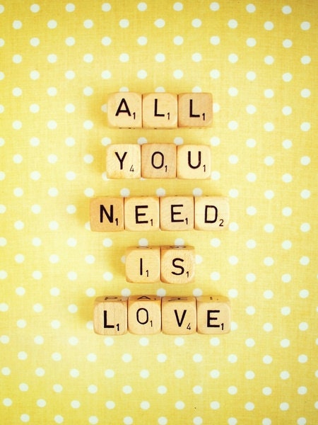 All You Need is Love. Fine Art Photography. Scrabble. Yellow White. Polka Dots. Home Décor. Wall Art. Size A4