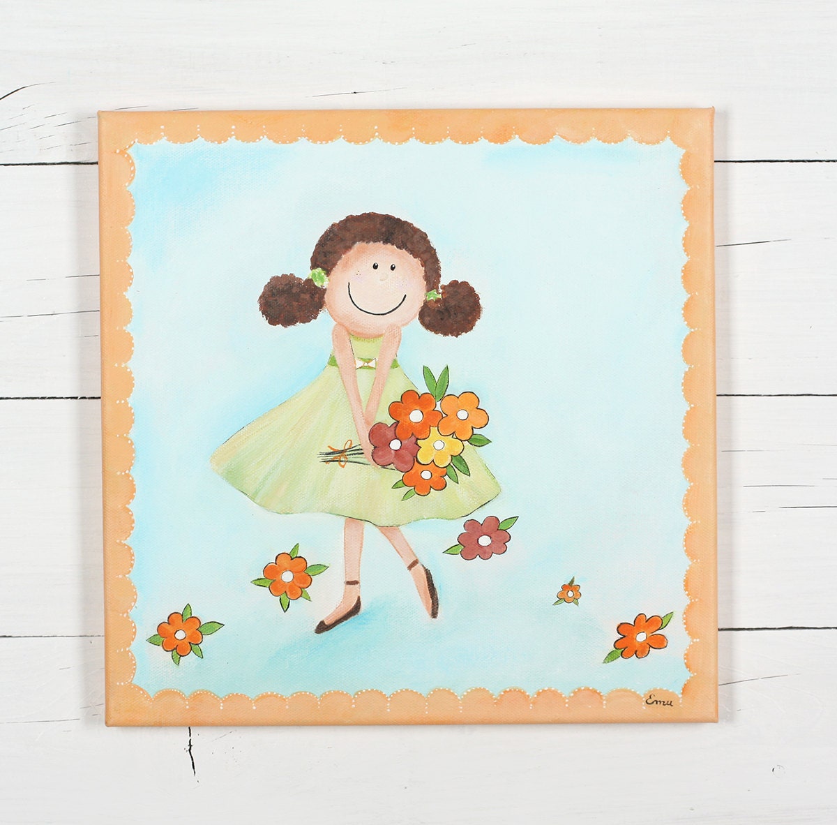 Girl with Flowers - Green dress - Canvas Art - Original acrylic Painting on Canvas - Made to Order - Wall Decoration - Wall Hanging
