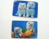 2 White Kitten Cat Magnets  - Blue - Recycled Vintage Playing Cards