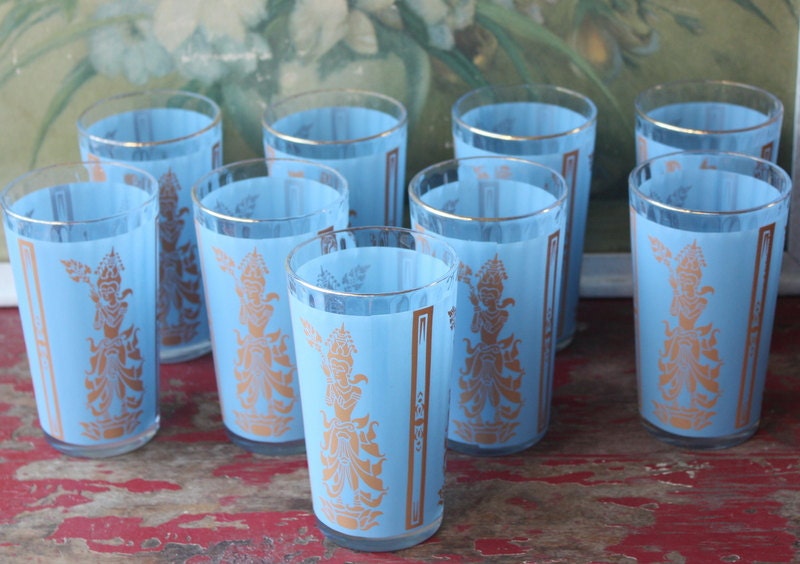 Mid Century Set Of Hindu Inspired Blue Tumblers Glasses Mad Men Style
