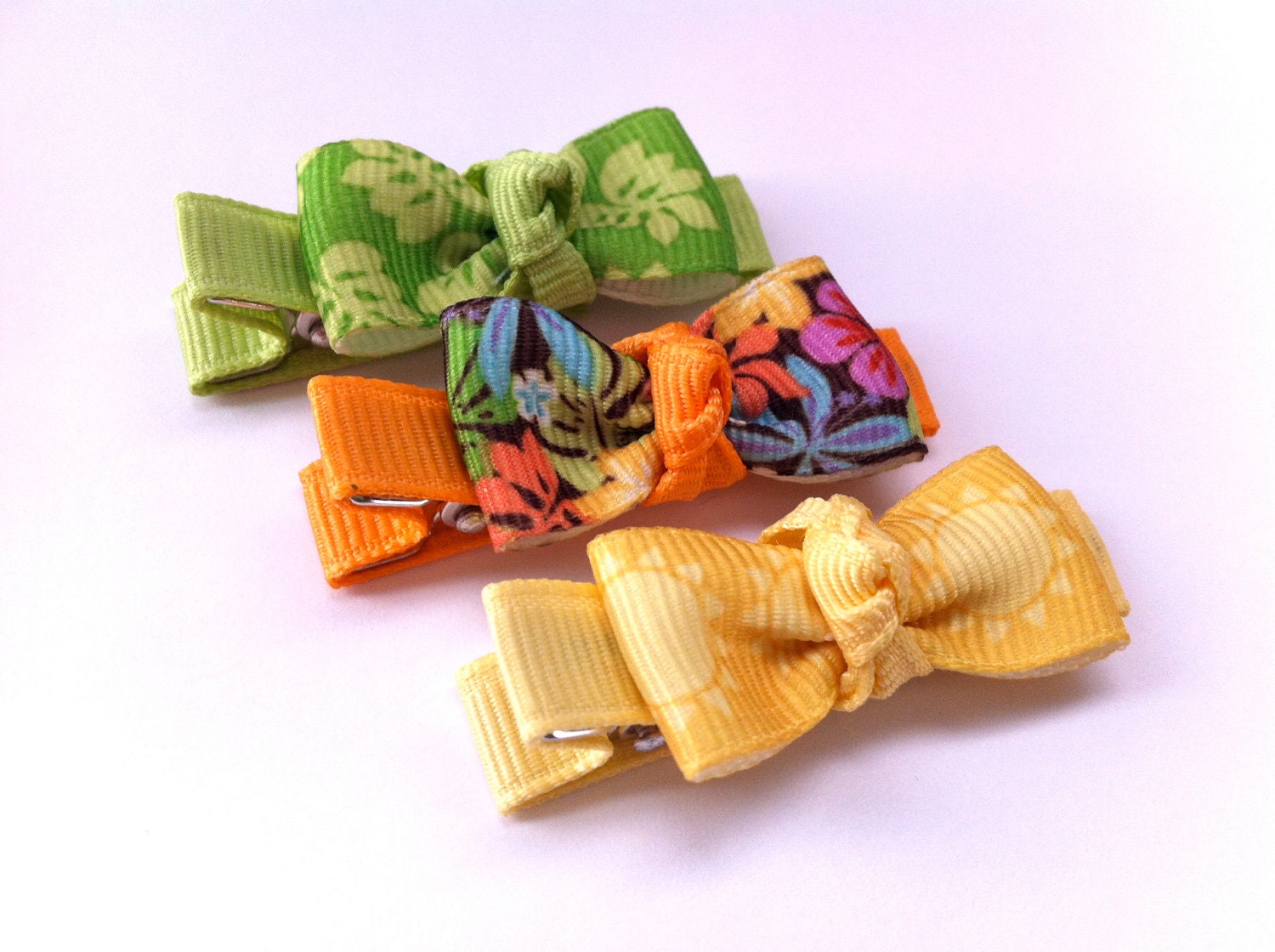 Jungle Fever Mini Tuxedo Bow Clips -- Green, Yellow, Orange, Brown Hair Bow Clippies