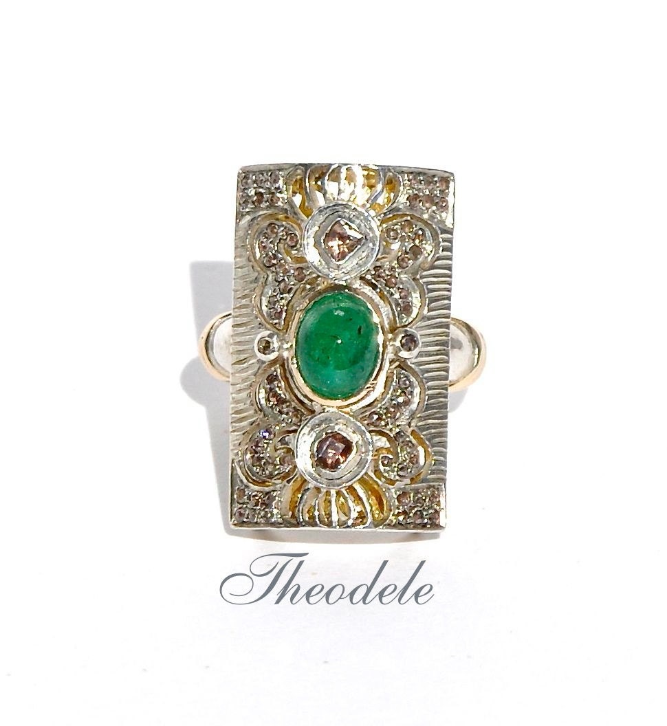 14k gold Rose cut diamond & Emerald Ring