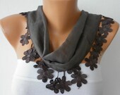 Gray Scarf  Cotton Scarf  Cowl with Lace Edge - Fog - Taupe