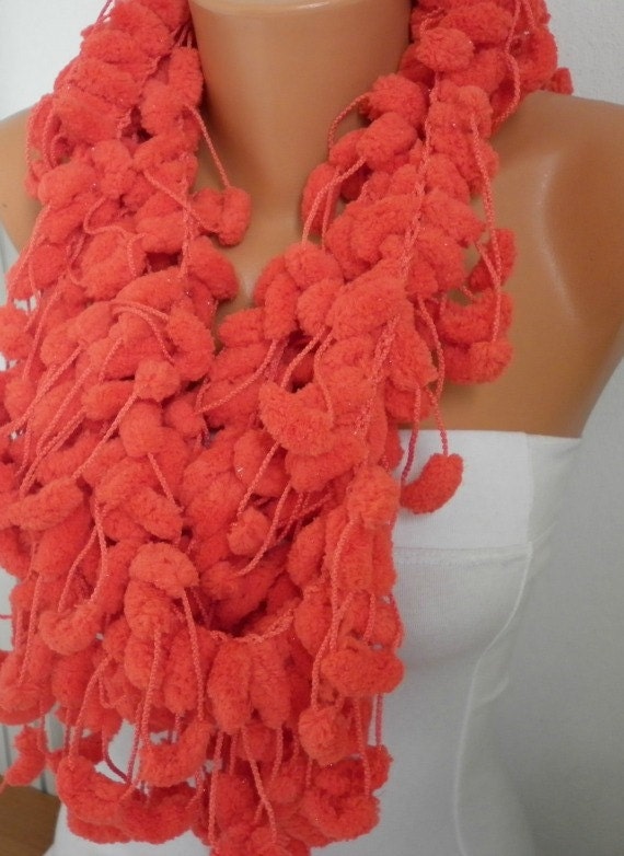 Coral Knit Scarf - Women Scarves - Knitting Cowl - Crochet Scarf - Pompom - gift - for her