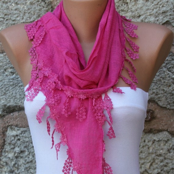 Hot Pink  Scarf  -  Cotton Scarf  -  Cowl with Lace