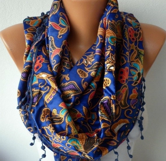 Women  Scarf -  Cowl with Lace - Multicolor