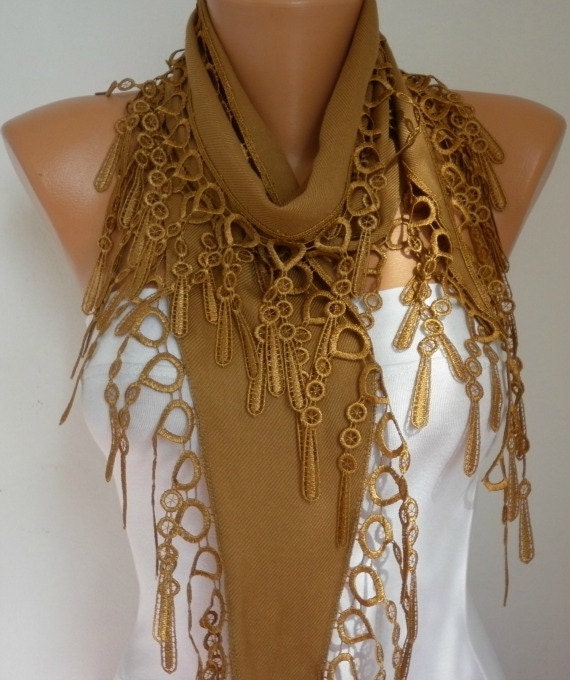 Dark Camel Scarf - Pashmina Scarf - Cowl Scarf with Lace Edge - fatwoman