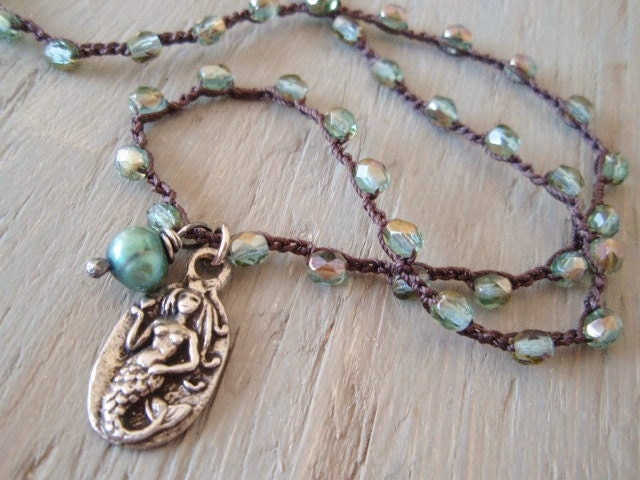 Dainty mermaid crochet necklace - Love Bravely- aquamarine, blue green, artisan pewter pendant, nautical surfer beach boho chic