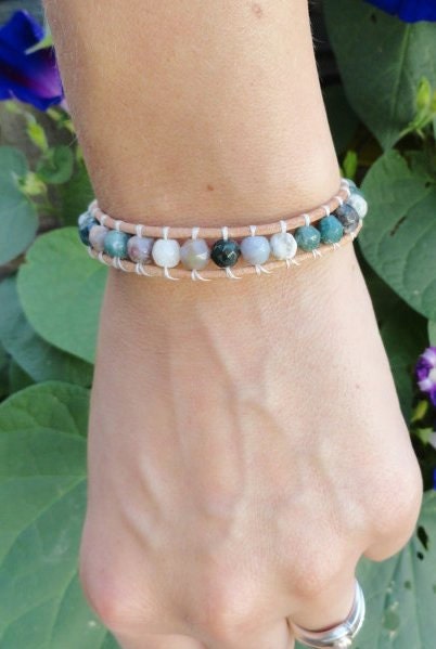 Bohemian Leather Wrap Bracelet Moss Agate and Beach Stone Bohemian Jewelry