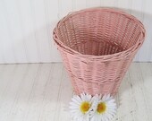 Vintage Pink Woven Wicker Bin - Powder Room Waste Basket - Cottage Style Decor