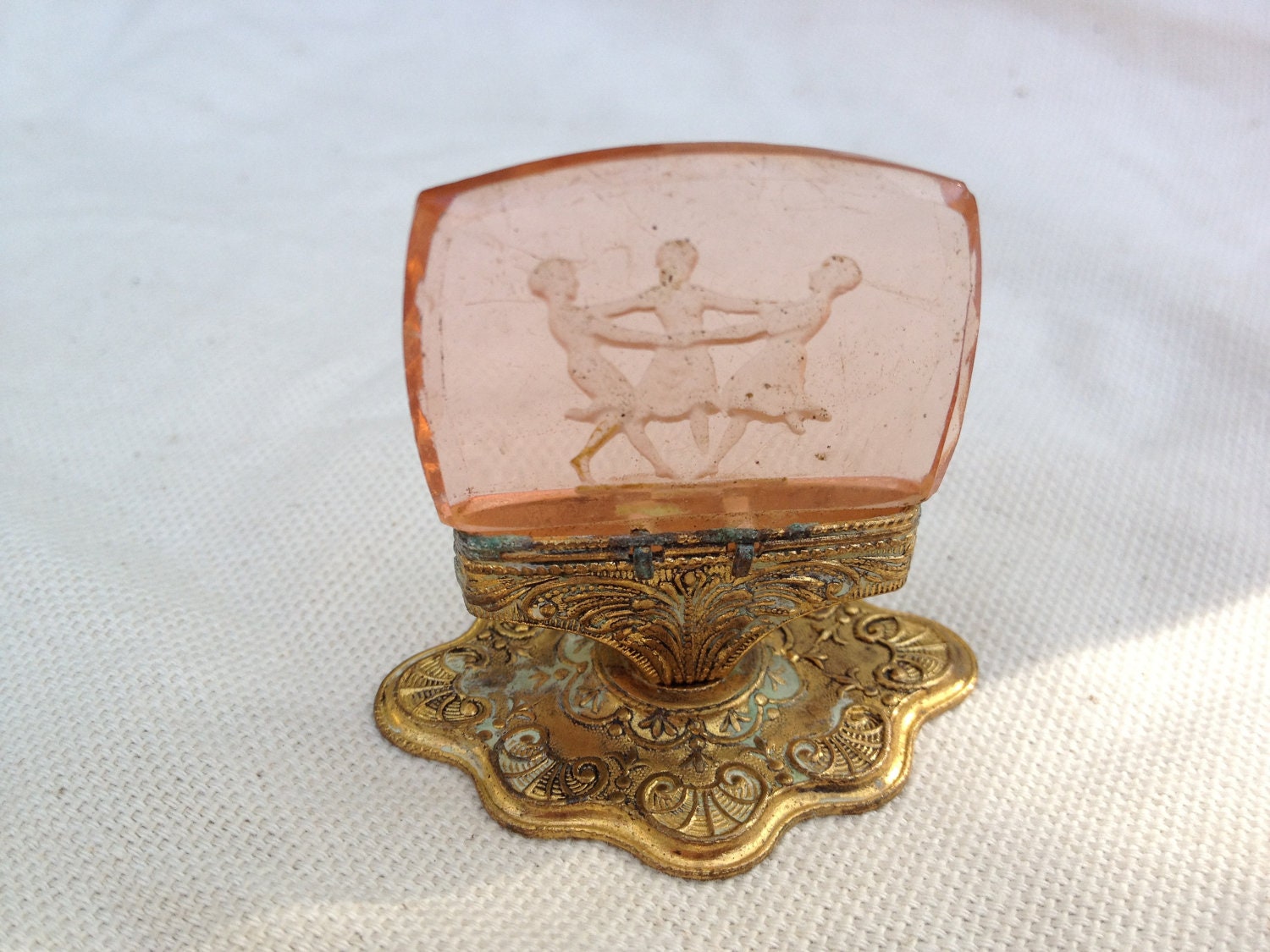 Old French Etched cameo glass calling card holder with dancing ladies