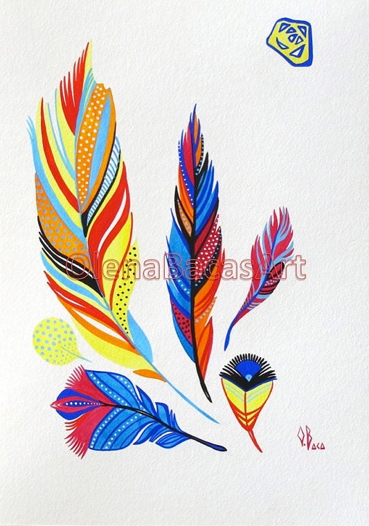 Feather Art ORIGINAL Watercolor Gouache Painting Feather Illustration Mixed Media Nursery room Decor SALE