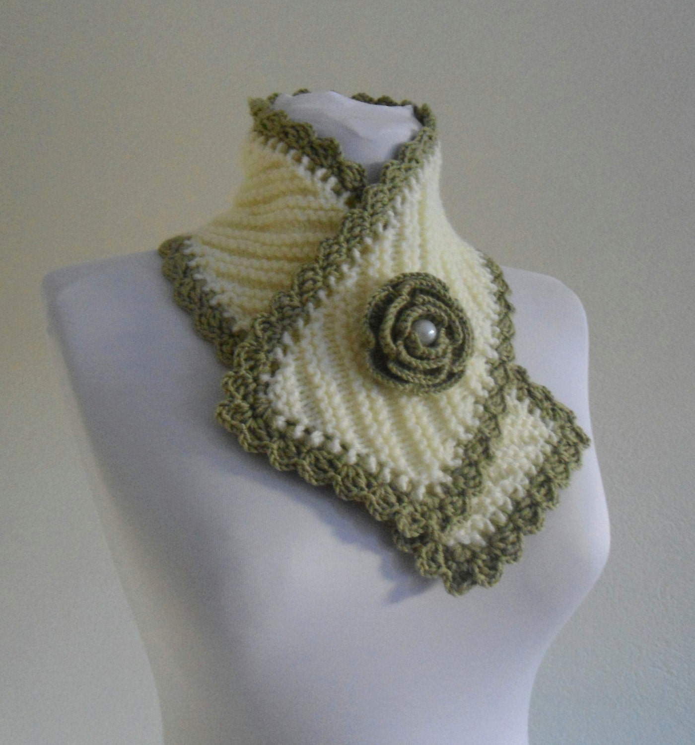 knit collar, Winter fashion, Green and Ivory neckwarmers, hand-knitted, new, Unique gift, 2013