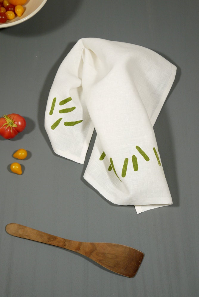 Scratch, white linen tea towel, spring leaf green - SometimesJane