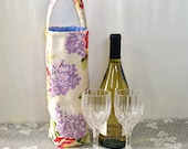 Wine Bottle Cozy Tote Bag Reusable White Floral Insulated Wine Bag Yellow Rose Purple Hydrangea Flowers