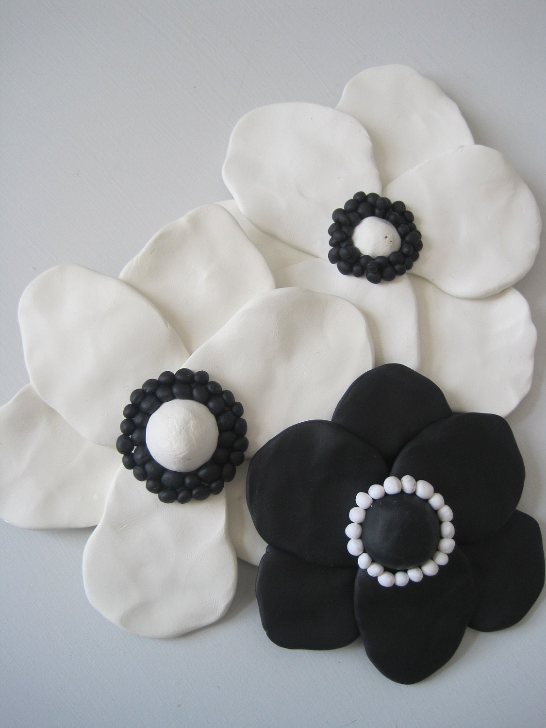 White and Black Anemone - Set of 3 sculpted anemone flowers for wall installation as designed for Tina Fey, wall hanging