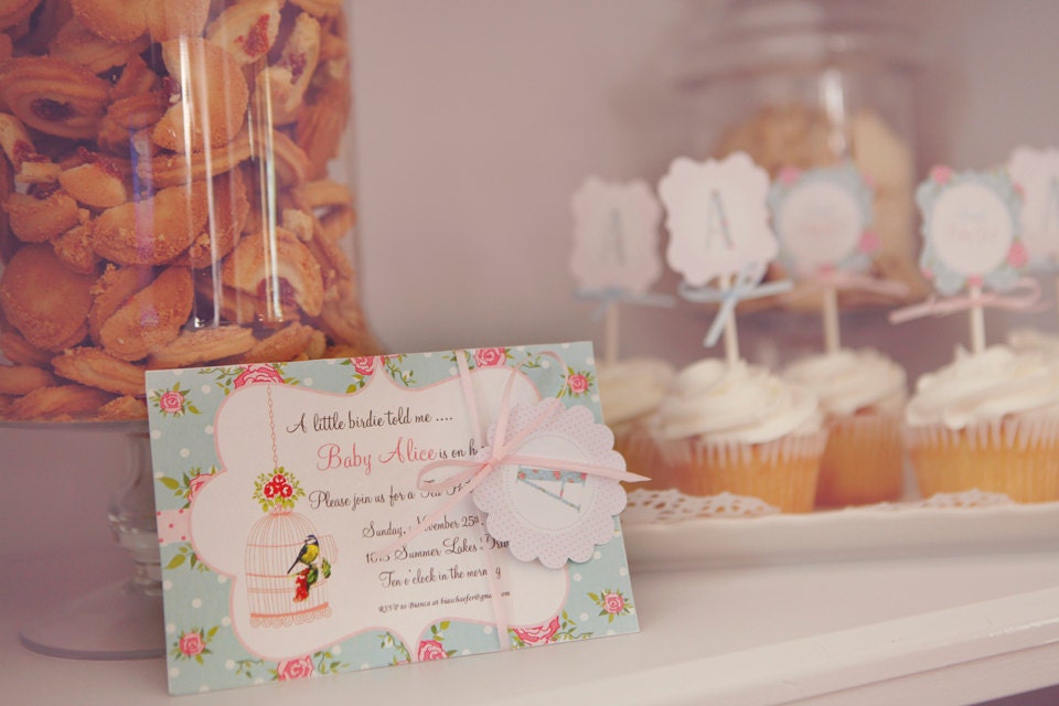 Shabby Chic Blue Floral Little Bird Baby Shower or Birthday Party Invitation Il_170x135
