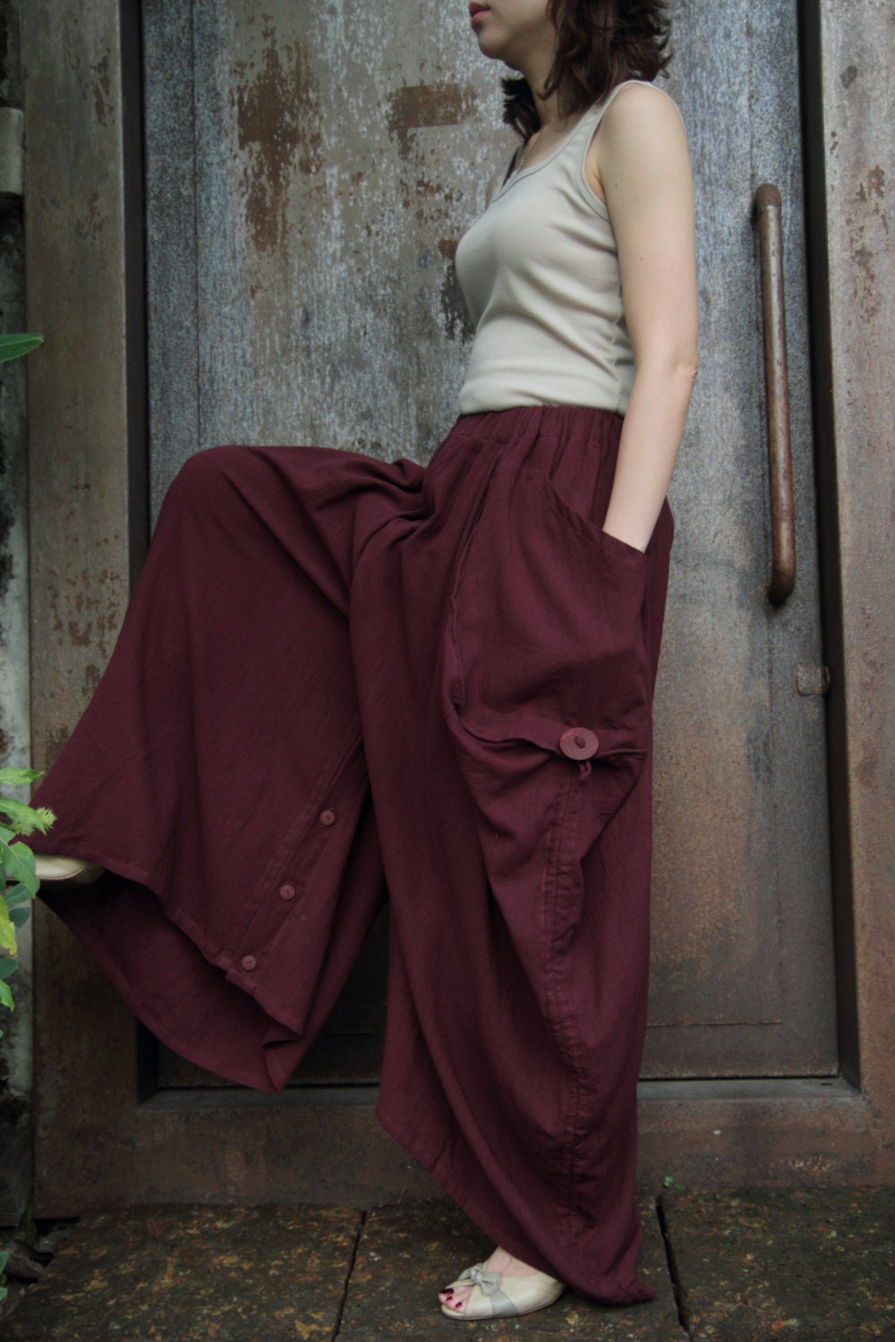 Red wine soft cotton long skirt with unique pattern design,adjustable as wide leg pants