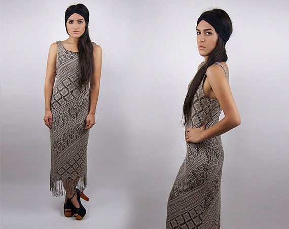 Vintage Lilac Pink Fringe Lace Maxi Dress / Medium