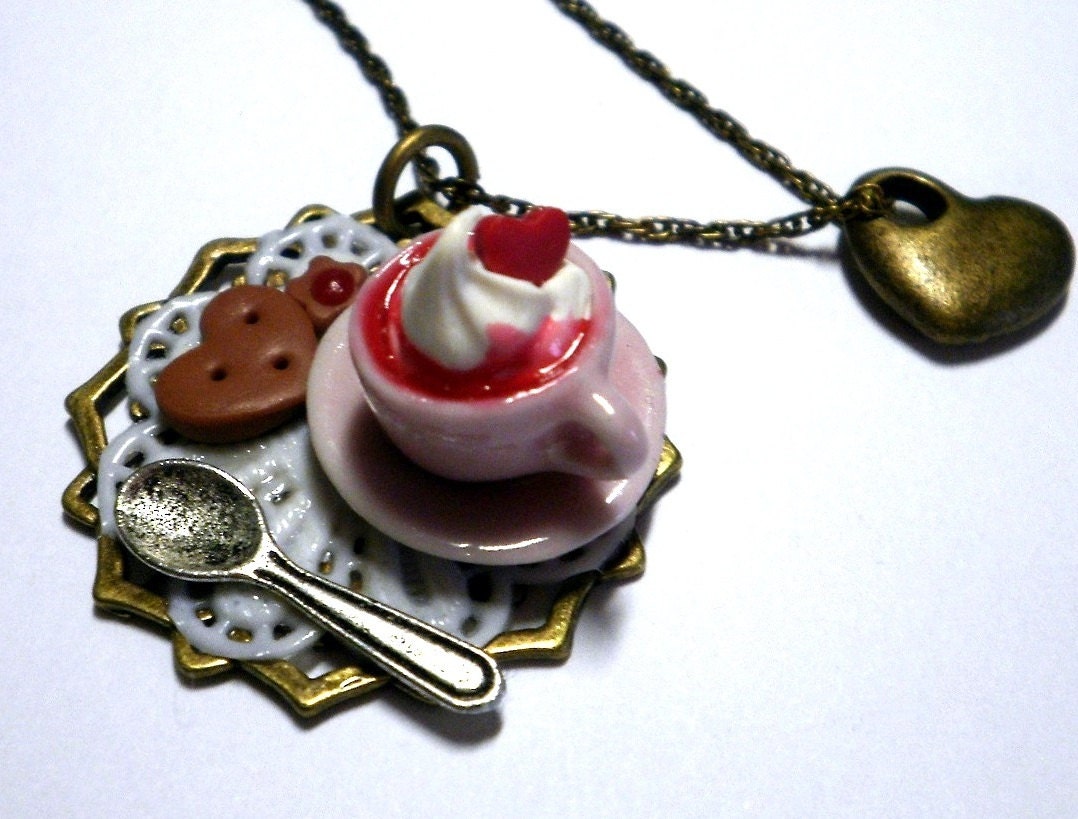 Alice in Wonderland Tea Cup Necklace with Whipped Cream and Strawberry Biscuits Handmade - SoSweet Collection Bijotti&Ciciotti