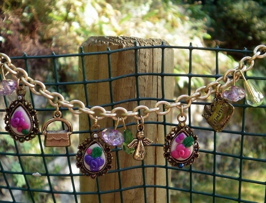 Clay Bracelet and Charms, Handmade Rose Cameo Pendants - Wedding favors, Bridesmaid gifts, SoDreamy Collection Bijotti&Ciciotti