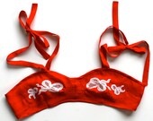Silk Bralette Lingerie Bra Lace Top / Poppy Red White Bow Vintage Jacquard / Small - Tempesta Vaudeville Bralette