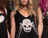 Cropped Silk Camisole Lace Lingerie Tank Top / Black White Skull Vintage Jacquard / Small - Natasha Deco Camisole