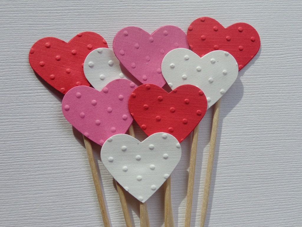 24 Pink White Red Embossed Dot Heart Party Picks - Cupcake Toppers - Food Picks