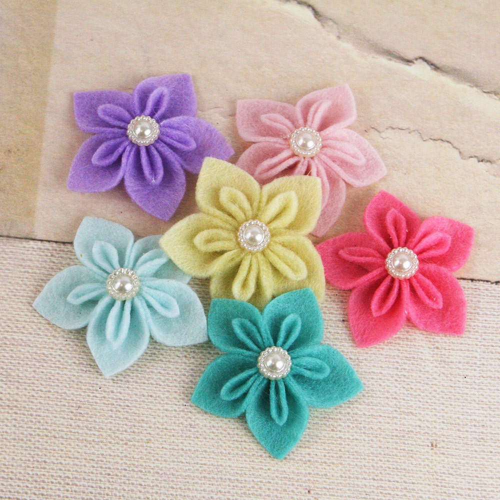 NEW  Fabric Flowers -  Lyrique Lights  562069 -  Prima felt  flowers with  pearl button centers accents - pastel colors