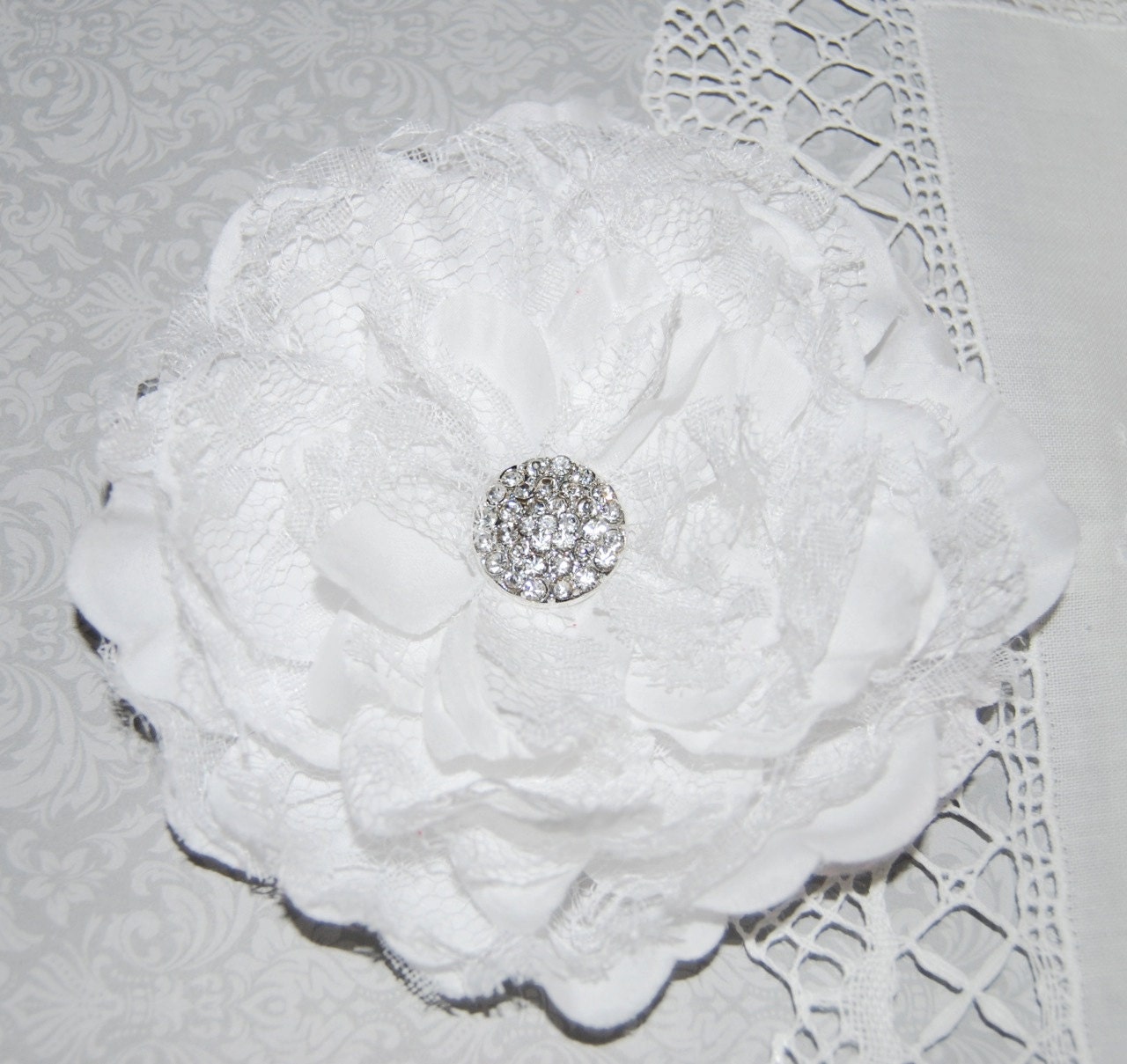 White Lace Peony Flower  - Alyssa Collection - Large  5" Layered Lace &  Fabric flower with cluster rhinestone gem center  - flat back