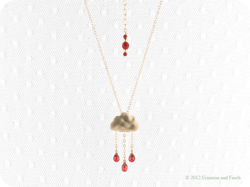 Gold Red Rain Cloud Necklace "Drops of Joy" 14kt gold filled