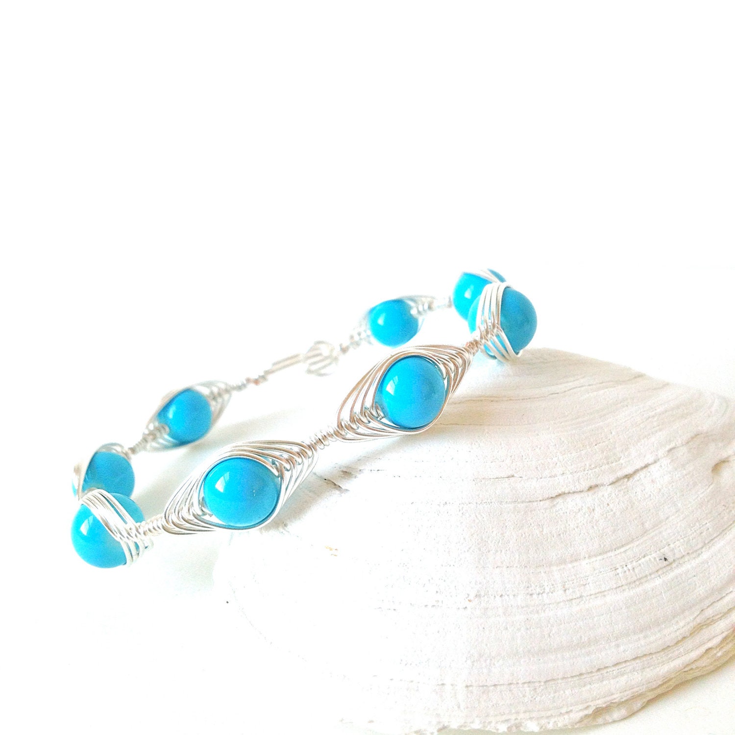 sky blue wire wrapped bangle bracelet