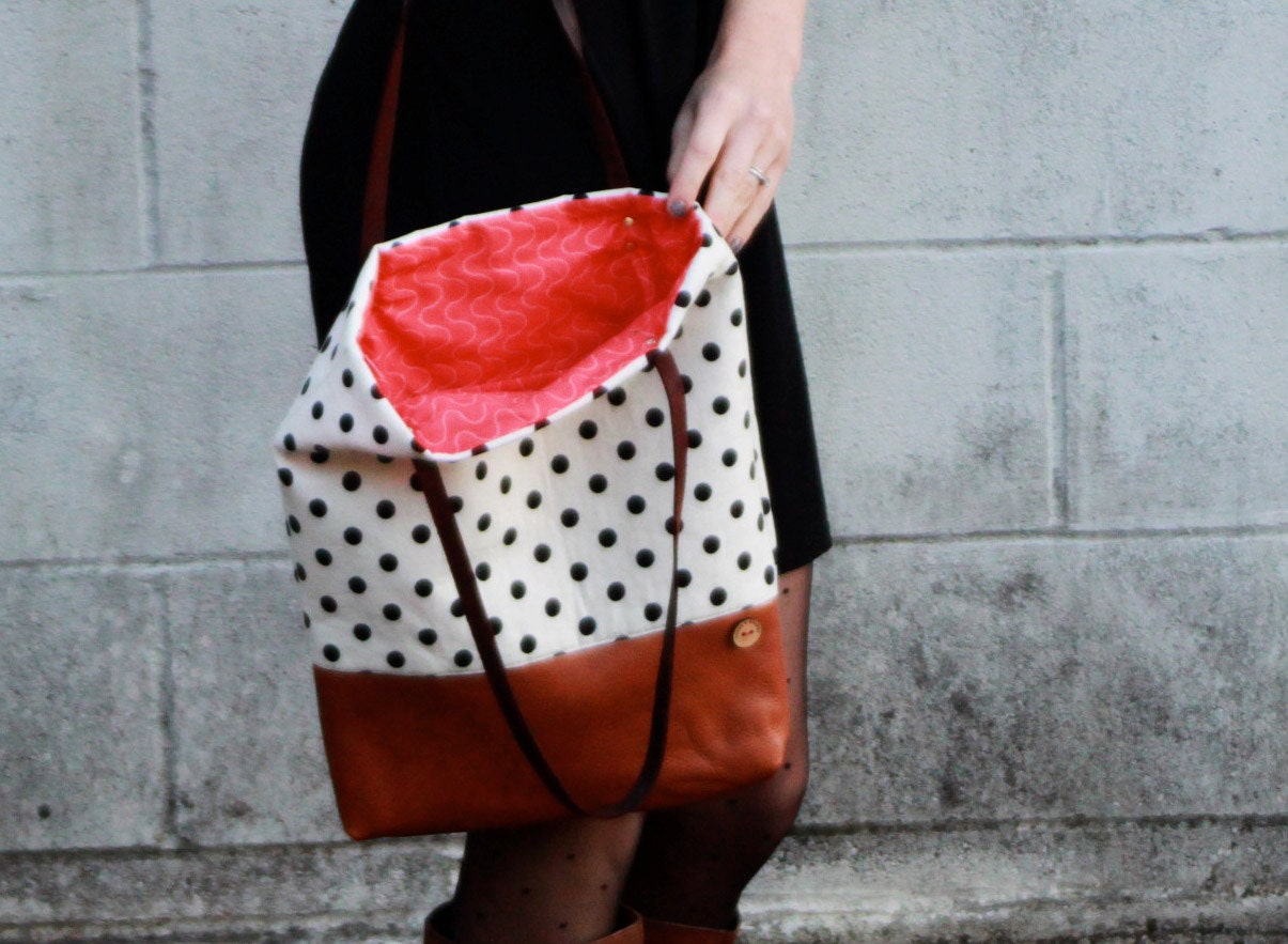 polka dot and caramel leather tote bag // white and black polka dot tote // leather tote by rouge and whimsy