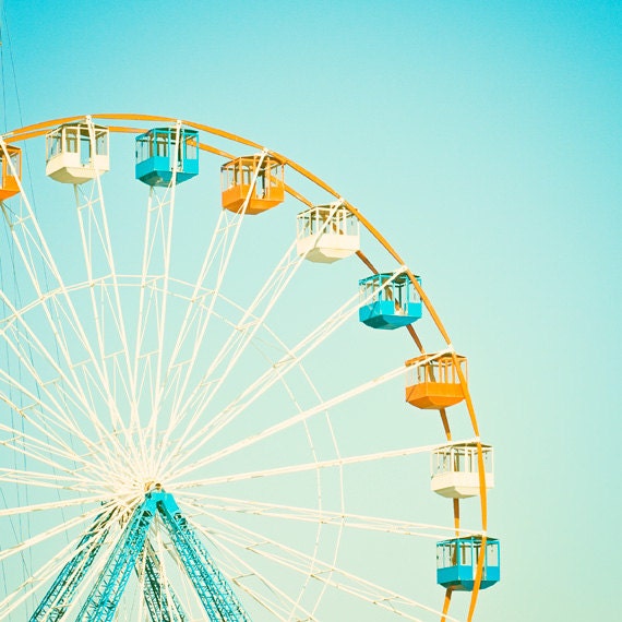 Carnival Photography - nursery ferris wheel circus photo - aqua blue orange white teal light kids room - 8x8 Photograph, "Carnival Fun"