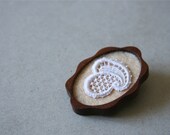 White Vintage Lace on Pale Peach Felt Wooden Brooch, Lace and Mahogany Series