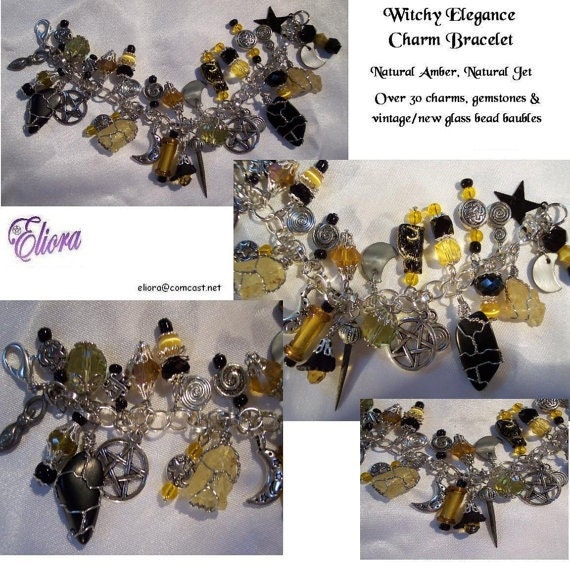 Witchy Elegance Charm Bracelet, Amber and Jet, more than 30 charms, etc.   - S&H Included