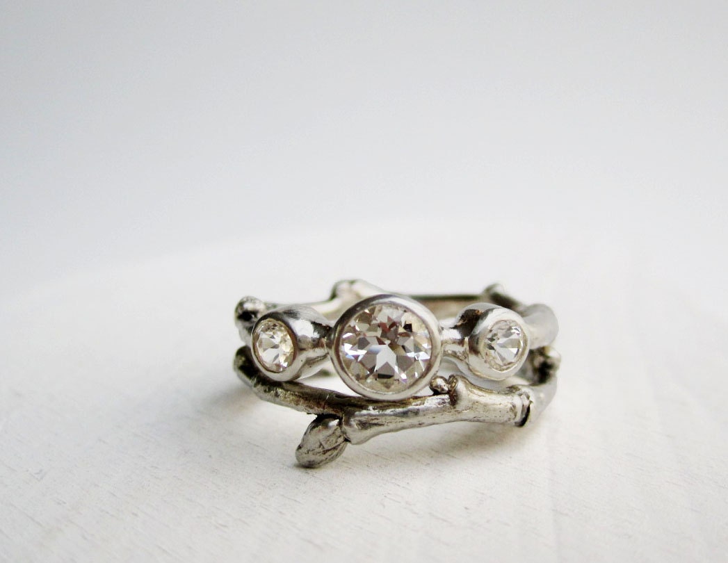 14K White Gold Engagement rings, White Topaz Twig Rings