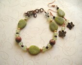 Handmade Bracelet Set, Lemon Lime Leaves, Prehnite, Unakite, Golden FW Pearls, Tiger Eye, Copper with Butterfly Earrings, Boho Jewelry