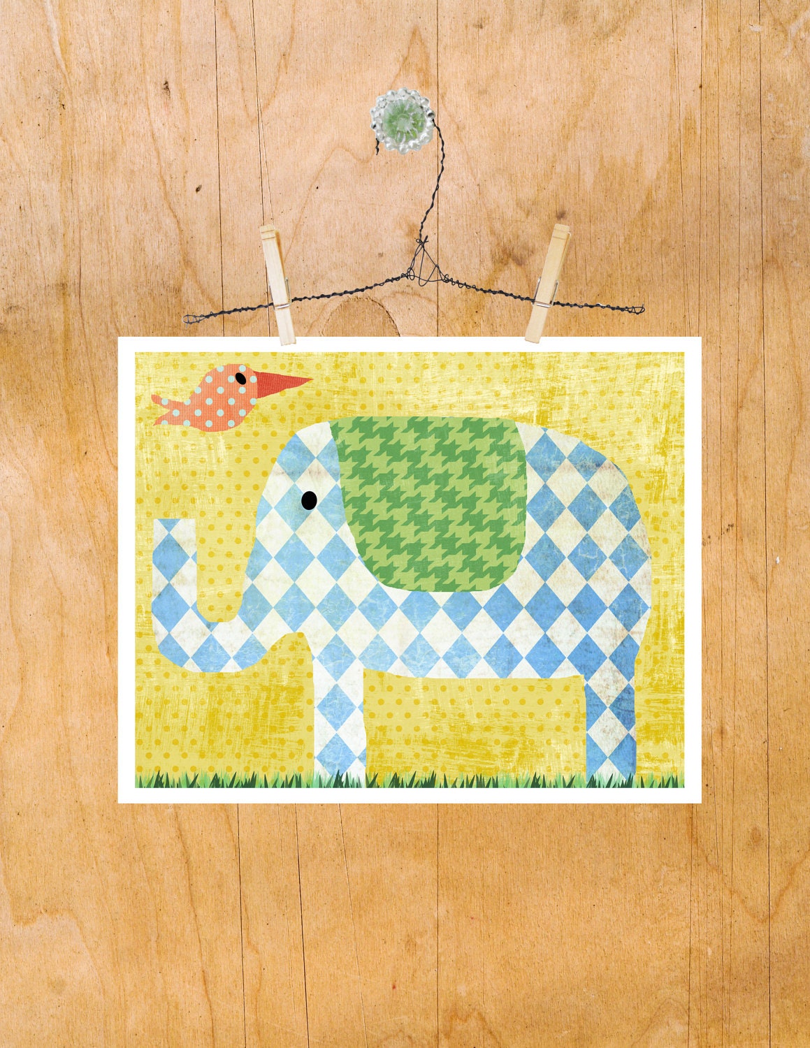 Art Elephant and Bird, Boy Girl Nursery Toddler Decor, Whimsy 8 by 10