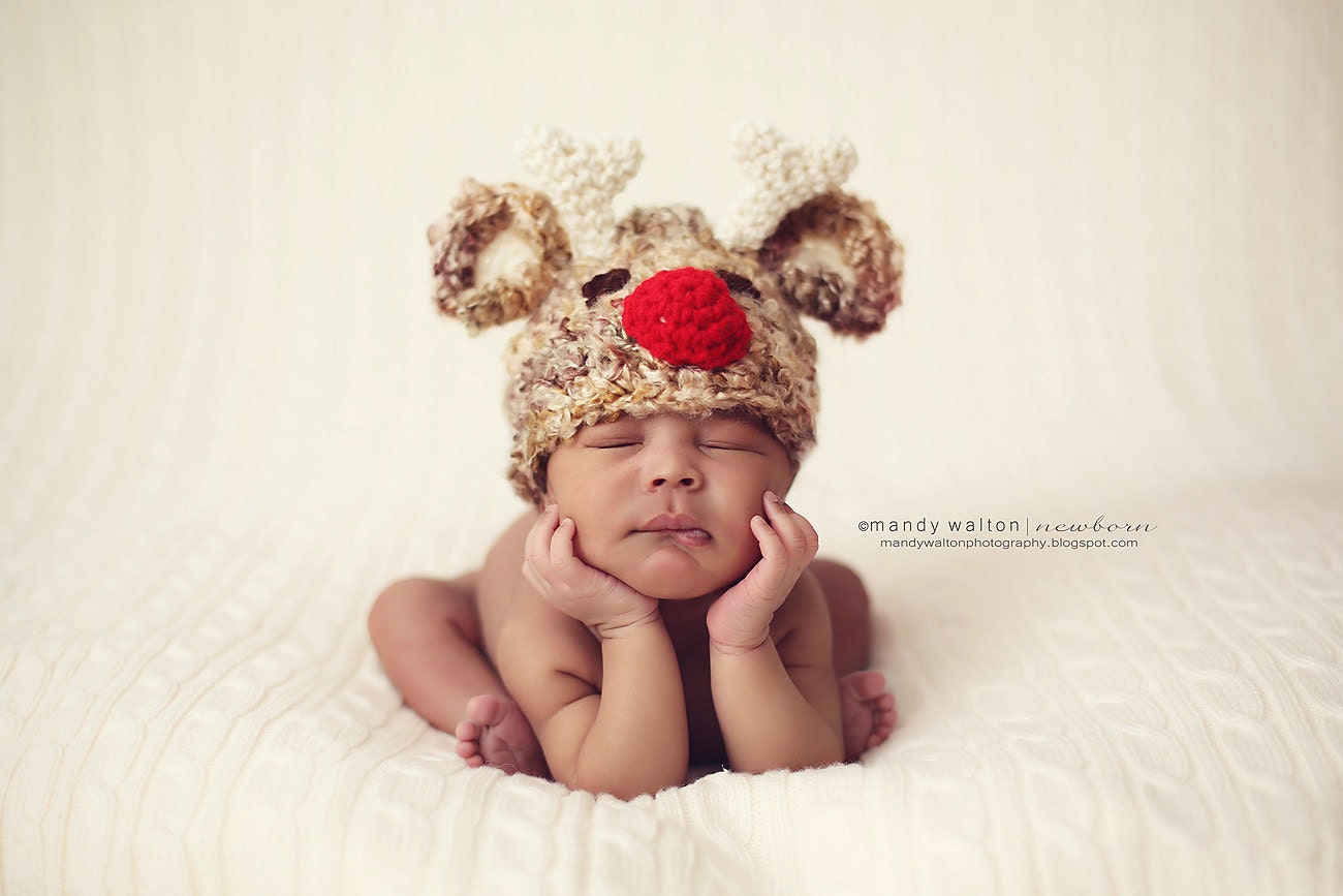 Santa's Reindeer Hat Baby Boy or Baby Girl Photography Prop Sizes Preemie, Newborn, 0-3 months, 3-6 months