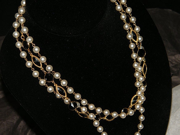 Vintage Faceted Black Navette Faux Pearl Bead Multi Strand Necklace