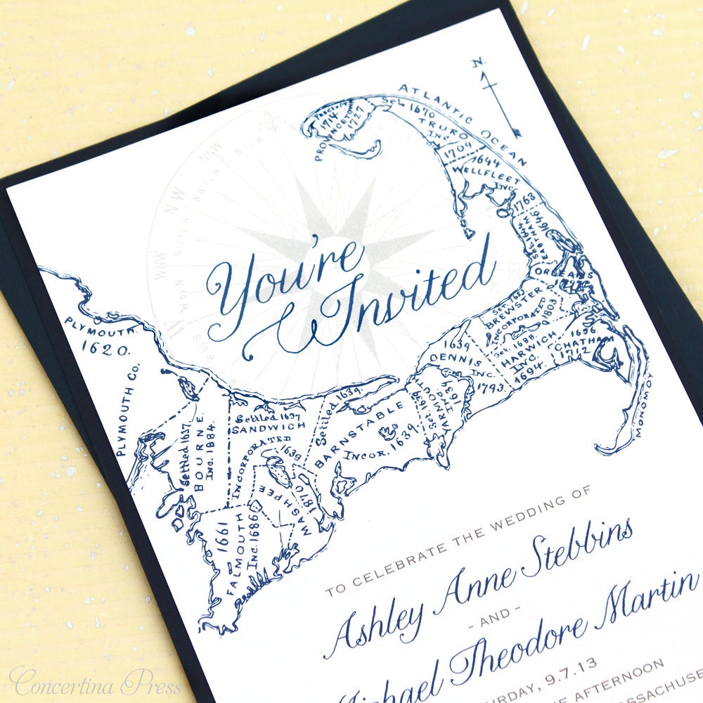 Cape Cod Wedding Invitations - Sample - With Antique Map