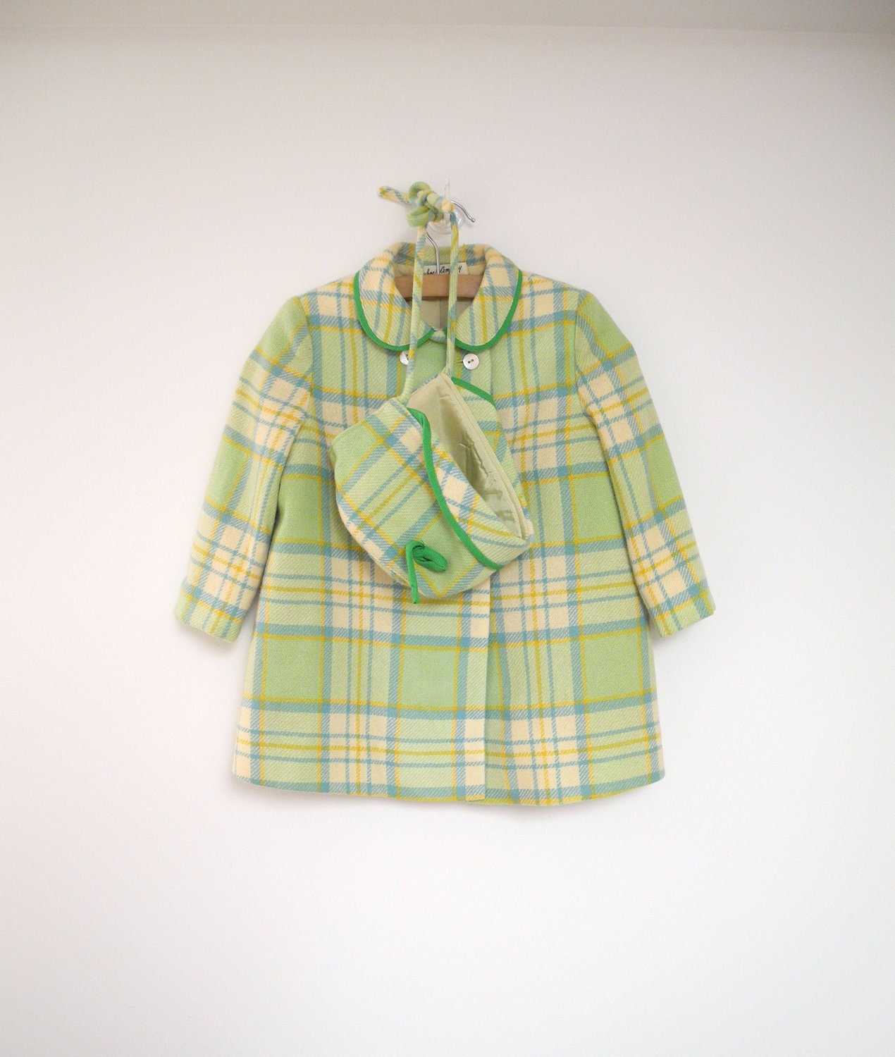 1950's Green, Ivory, Blue and Yellow Plaid Double Breasted Wool Coat and Bonnet Set